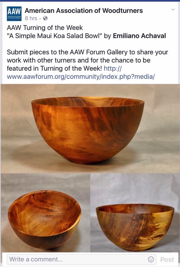 January 9th 2017: A great honor, the American Association of Woodturners chose one of my Koa bowls as   January 9th 2017: A great honor, the American Association of Woodturners chose one of my Koa bowls as